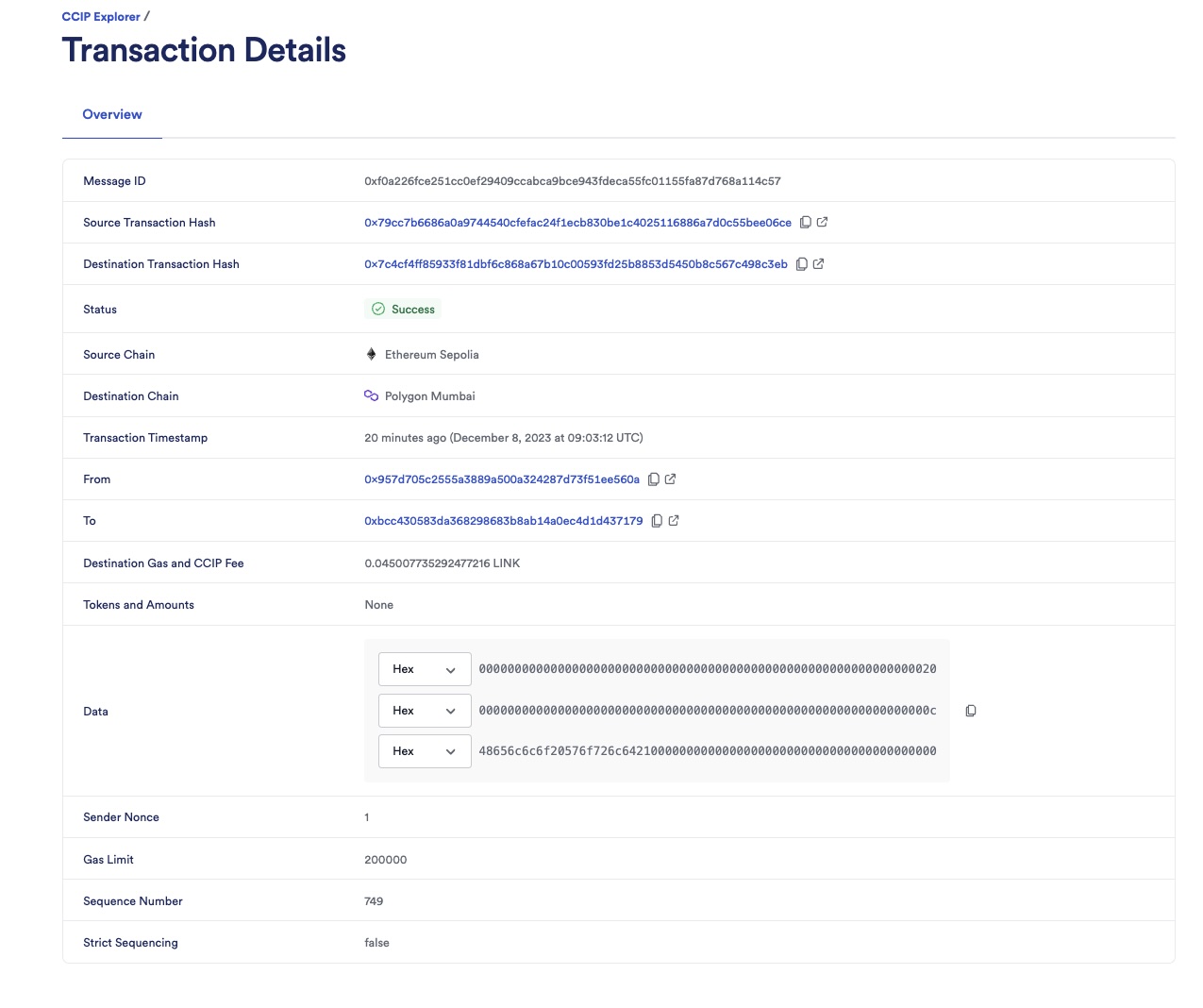 Chainlink CCIP Explorer transaction details success